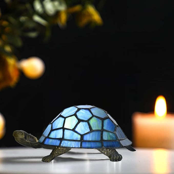 A0020 Tiffany Style Turtle Lamp Handmade Stained Glass Animal Night Light for Bedside Livingroom Bedroom, LED Bulb Included (Blue)