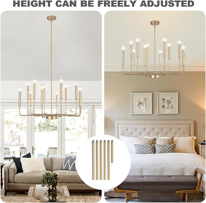 Yiisem Modern Farmhouse Gold Chandelier, 12-Light Rustic Candle Chandelier, Industrial Hanging Chandeliers for Dining Room, Kitchen, Foyer, Entryway, Living Room