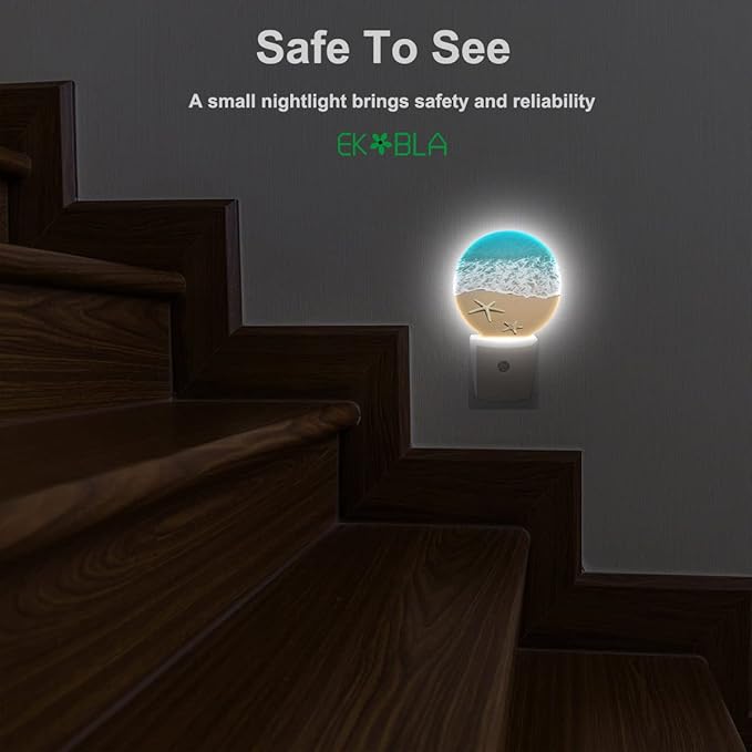 EKOBLA Ocean Plug-in Night Light, Beach Sand & Wave LED Nightlight with Dusk to Dawn Sensor, 0.5W for Women & Kids