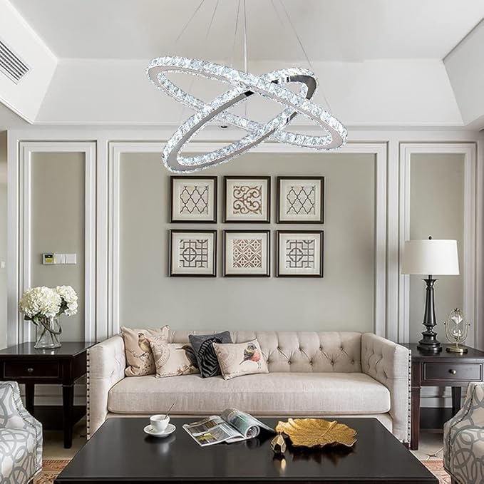 Finktonglan 23.6" Oval Crystal LED Chandelier, Modern 2 Ring Hanging Light Fixture, Cool White 6500K, Non-Dimmable, Built-in LED Pendant Light for Dining Room Bedroom