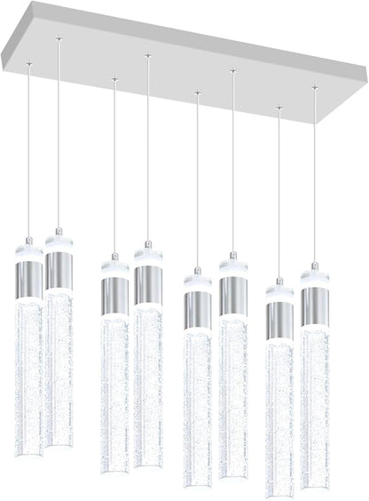 8-Lights Silver Hanging Pendant Light for Kitchen Island Modern Dimmable LED Crystal Chandeliers for Dining Room Bedroom Living Room Over Table Adjustable Height