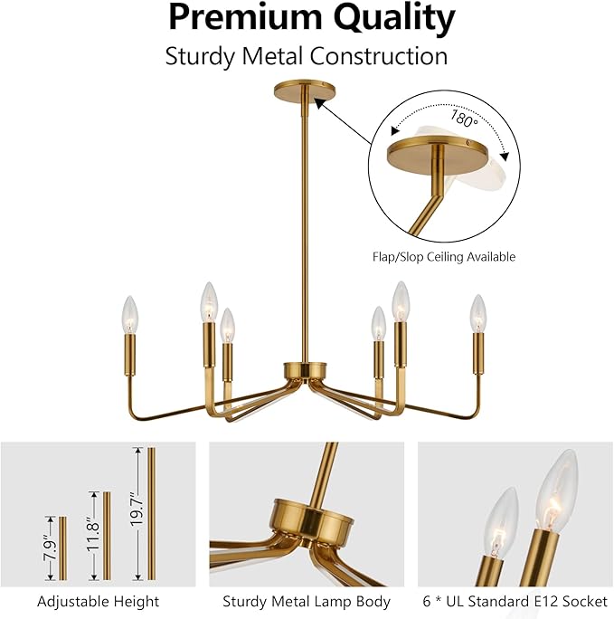 Brushed Gold Chandeliers for Dining Room, 6-Light Modern Farmhouse Chandelier, Brass Candle Style Hanging Light Fixture for Living Room Bedroom Kitchen Island