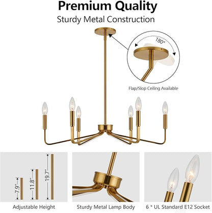 Brushed Gold Chandeliers for Dining Room, 6-Light Modern Farmhouse Chandelier, Brass Candle Style Hanging Light Fixture for Living Room Bedroom Kitchen Island
