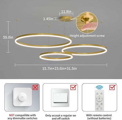 Mikeru Modern 3 Ring Chandelier Light, LED Pendant Light Fixtures with Remote Control 3000k-6500K Adjustable Color Temperature Light for Living Room, Bedroom, Kitchen（15.7+23.6+31.5IN）