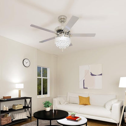 YITAHOME Chandelier Ceiling Fan with Remote, 52 Inch Crystal Fan Light, Indoor Fan Ceiling with 3 Speed, Silent Reversible Motor, Dual-Sided Blades, Timer, Balance Kit - Chrome