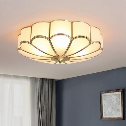 MIXL- Mid Century Brass Flush Mount Ceiling Light,LED Antique Brass Light Fixture, Modern Frosted Glass Ceiling Lamps for Living Room, Close to Ceiling Light Decorative for Bedroom(23.62" W)