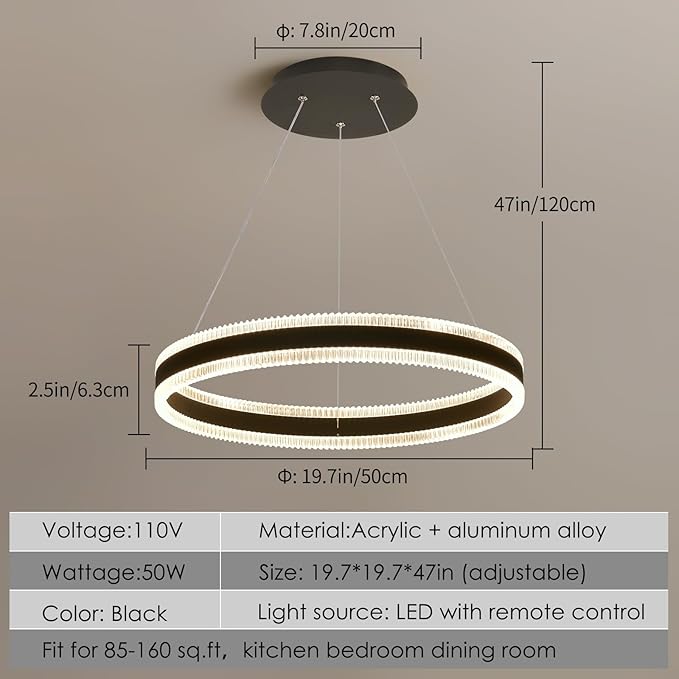 Modern LED Chandelier 1 Ring 19.7in Pendant Lighting for Kitchen Island 50W Dimmable LED Pendant Light Black Hanging Light Fixtures with Remote for Kitchen Dining Room Bedroom Living Room