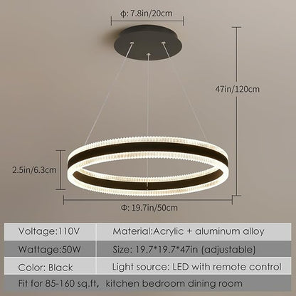 Modern LED Chandelier 1 Ring 19.7in Pendant Lighting for Kitchen Island 50W Dimmable LED Pendant Light Black Hanging Light Fixtures with Remote for Kitchen Dining Room Bedroom Living Room