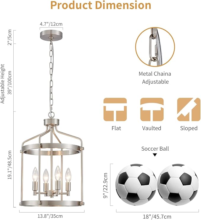 Modern Chrome Chandelier, 4-Light Farmhouse Chandeliers for Dining Room Light Fixture Over Table Adjustable Height Hanging Industrial Pendant Light for Hallway Entryway Living Room Kitchen Bedroom