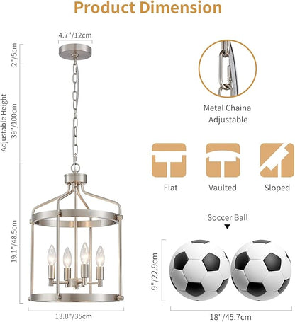 Modern Chrome Chandelier, 4-Light Farmhouse Chandeliers for Dining Room Light Fixture Over Table Adjustable Height Hanging Industrial Pendant Light for Hallway Entryway Living Room Kitchen Bedroom