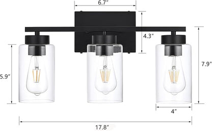 3-Light Bathroom Vanity Light, Modern Black Wall Lights with Clear Glass Shades, Bathroom Wall Sconce Lamp for Mirror Living Room Bedroom Hallway