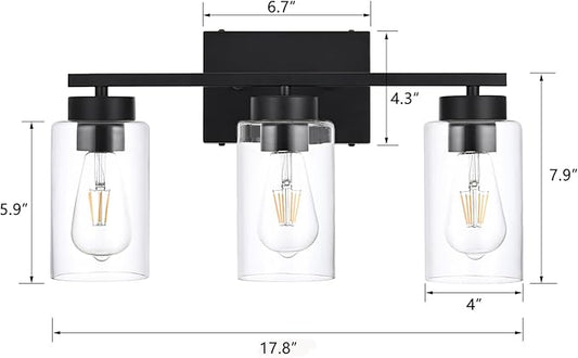 3-Light Bathroom Vanity Light, Modern Black Wall Lights with Clear Glass Shades, Bathroom Wall Sconce Lamp for Mirror Living Room Bedroom Hallway