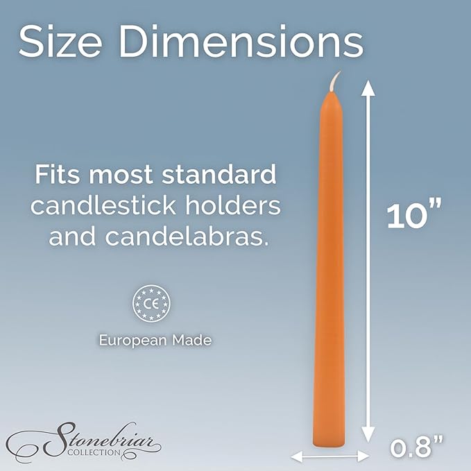 Stonebriar Unscented Taper Candles – 7 Hour Burn Time, Long-Lasting Wax Candles for Weddings, Holidays, Home Décor & Special Events, Pack of 10, Orange, 10"