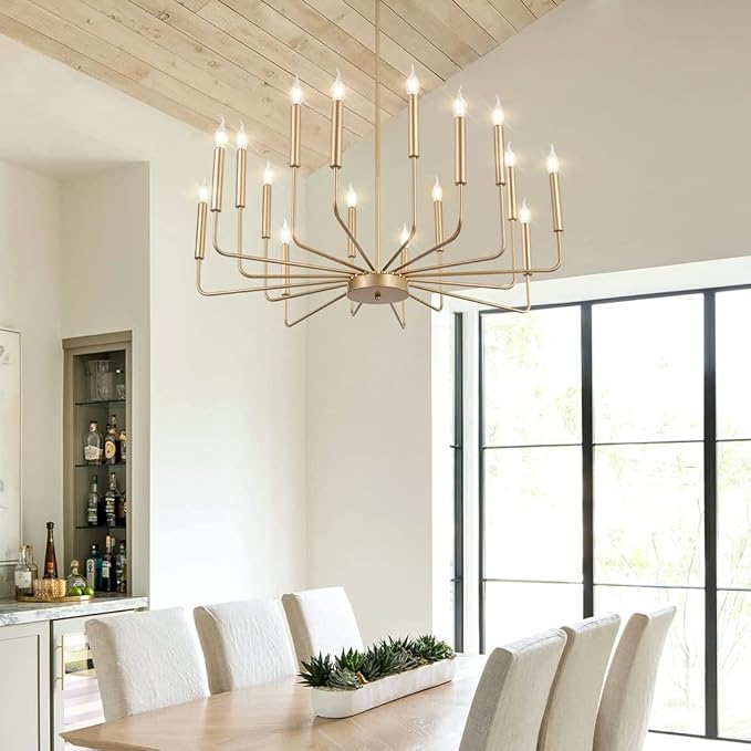 Yiisem Modern Farmhouse Gold Chandelier, 16-Light Rustic Candle Chandelier, Industrial Hanging Chandeliers for Dining Room, Kitchen, Foyer, Entryway, Living Room
