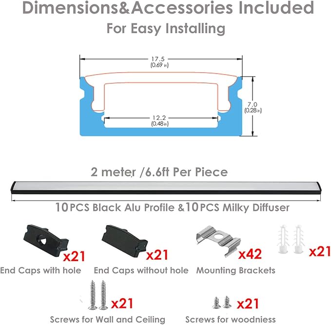 Besseto 10Pack 6.6Ft/2M Black LED Aluminum Channel,LED Strip Light Diffuser Aluminum Channel Profile Housing Extrusion for Under Cabinet Counter and Stairs (Black-10Pack 6.6ft)