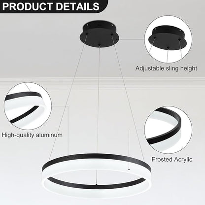 Buccleuch Modern LED Chandelier - Dimmable 19.7" Black Round Pendant Light, Height Adjustable UL-Certified Ceiling Light for Dining Room, Kitchen Island, Living Room, Bedroom, Foyer, 6500K