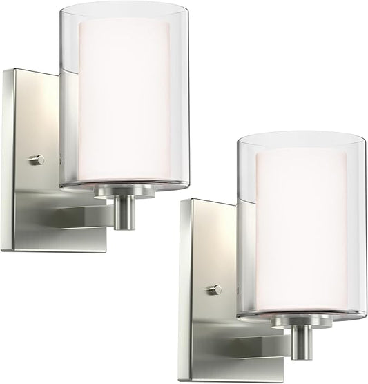 Kalium Wall Sconces Set of Two Modern Vanity Lights with Double Clear Glass Shade Brushed Nickel Indoor Farmhouse Wall Light for Bathroom Living Room Bedroom Mirror Hallway Bulb E26 Base (2PCS)