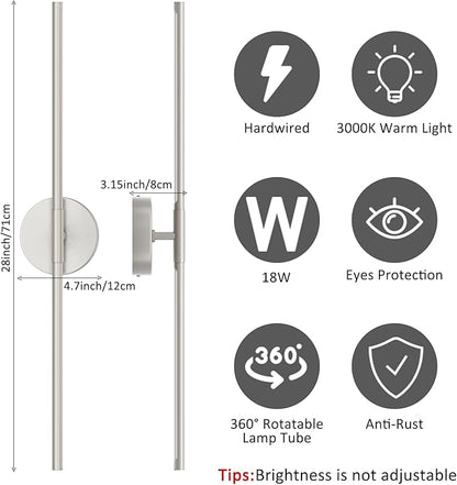 28In Sand Nickel Wall Sconces Set of Two Hardwired 3000K LED Modern Vanity Light 360° Rotatable for Living Room Bedroom Bathroom(2 Pack)