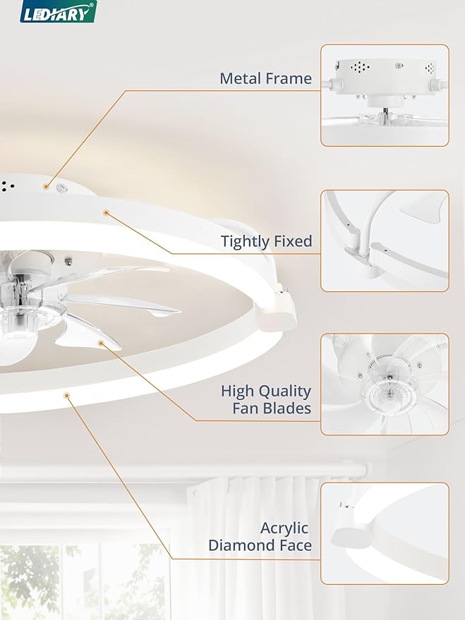 LEDIARY 2 Pack Ceiling Fans with Lights and Remote, 20'' Low Profile Ceiling Fan with Light, 3000-6000K Dimmable Fandelier LED Fan Light, 6 Wind Speeds, White Flush Mount Ceiling Fan for Bedroom