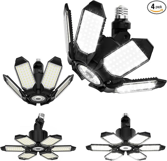 Adiding Rotatable LED Garage Light 4 Pack, 48000Lm Super Bright Basement Lighting Fixture w/ 6 Adjustable Panels Screw in E26 E27 Bulb Base for Workshop Attic Barn Ceiling Warehouse Gym Utility