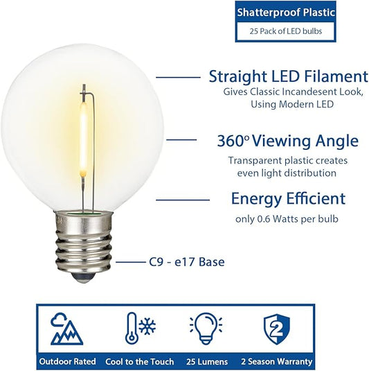 Novelty Lights 50 Feet G50 LED Patio String Light Set with 50 Bulbs, Warm White, Weather Resistant and Shatterproof Replaceable Plastic Globe Bulbs, White Wire