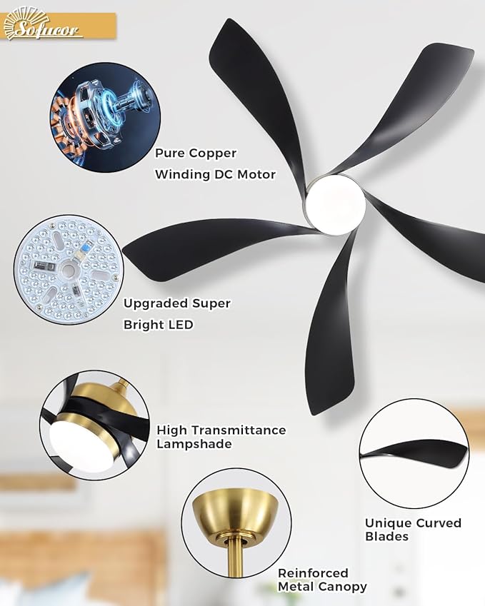 Sofucor 52 Inch Ceiling Fans with Lights and Remote, Outdoor Ceiling Fan with Light 6-Speed 3 CCT 3-Timer, Black Low Profile Ceiling Fan 5 Blade Reversible DC Motor for Living Room Bedroom Patio