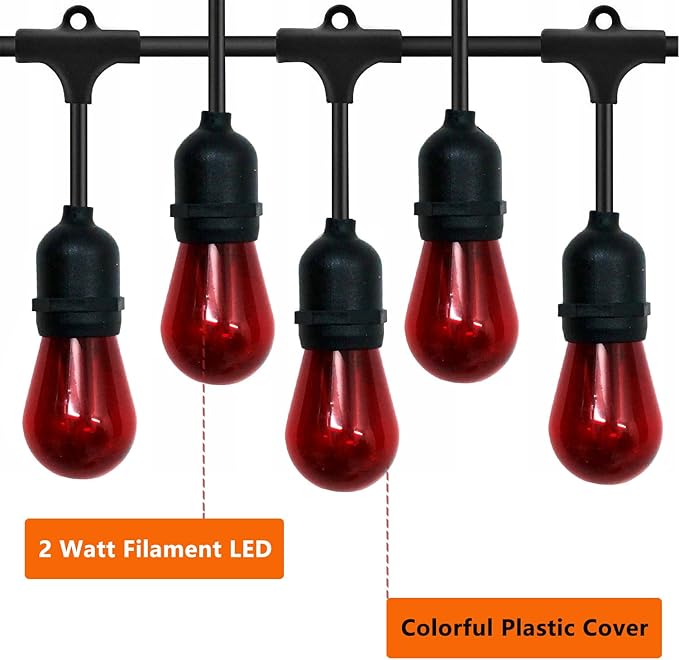 15 Pack S14 LED Red String Light Bulbs, Shatterproof 2 Watt Replacement Bulbs for Outdoor String Light, Waterproof Decorative E26 Base Red Filament Edison Christmas Light Bulbs, 120V