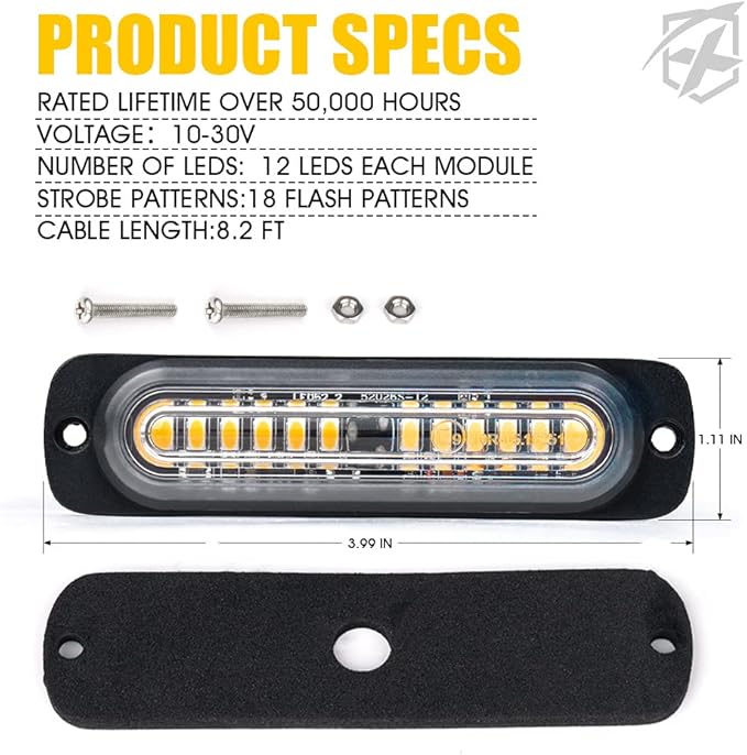 Xprite Amber 12 LED Emergency Strobe Lights Kit Surface Flush Mount Side Marker Grill Grille Hazard Warning Flashing Light Head for Off-Road Vehicles ATV Trucks Cars - 8PCS