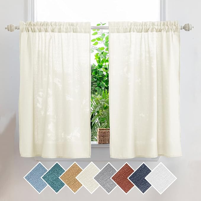 Yancorp Beige Linen Textured Short Curtains - Farmhouse Cafe Style, 24" W x 24" L, Small Windows for Bathroom, Laundry Room