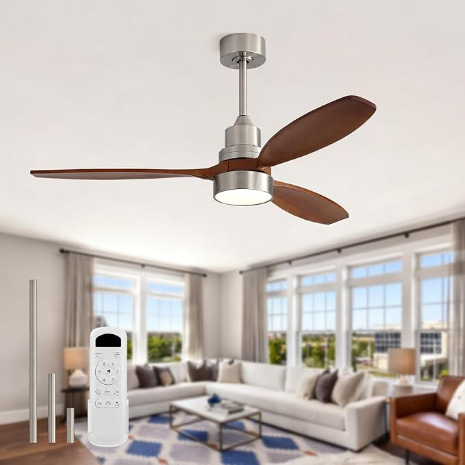 Sofucor 52 inch Solid Wood Ceiling Fan with Light, Quiet 6-Speed 3 Blades Reversible LED Ceiling Fan, Modern Rustic Fan with Dimmable Light for Living Room Bedroom Home Office Cafe Patio Porch