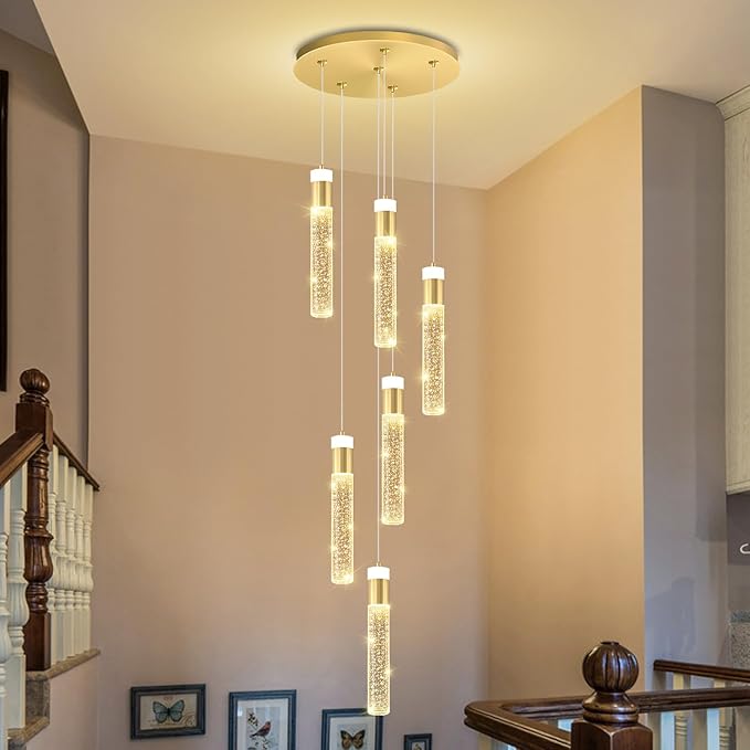 6-Light Gold Long Crystal Column Chandelier for High Ceiling Modern LED Crystal Raindrop Chandeliers for Living Room Foyer Chandelier Lighting, Dimmable 3000k-6000K
