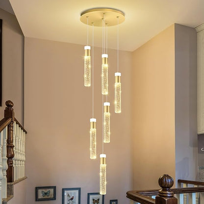 6-Light Gold Long Crystal Column Chandelier for High Ceiling Modern LED Crystal Raindrop Chandeliers for Living Room Foyer Chandelier Lighting, Dimmable 3000k-6000K