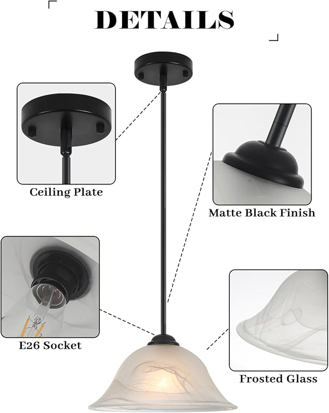 Kitchen Pendant Lights Over Island, 11.8 Inch Frosted Glass Pendant Lights with Rod, Alabaster Glass Kitchen Pendant 1-Pack, Black Farmhouse Hanging Pendant Light for Kitchen, Bar, Cafe