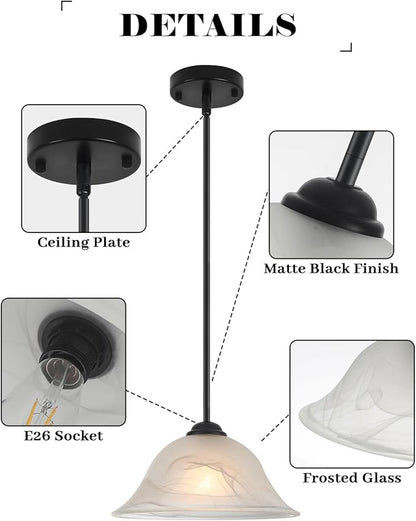 Kitchen Pendant Lights Over Island, 11.8 Inch Frosted Glass Pendant Lights with Rod, Alabaster Glass Kitchen Pendant 1-Pack, Black Farmhouse Hanging Pendant Light for Kitchen, Bar, Cafe