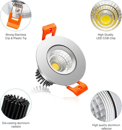 LightingWill 2Inch LED Recessed Ceiling Light, 3W Dimmable LED Downlight, Daylight White 5000K-5500K, 60 Beam Angle COB Recessed Lights with Driver, 25W Halogen Bulbs, Silver 6Pack