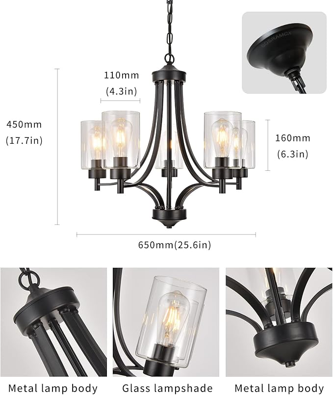BOZO Contemporary Black Chandelier 5 Lights Farmhouse Dining Room Lighting Fixtures Hanging Bedroom Chandeliers with Clear Glass Shade Ceiling Pendant Light Black Foyer Light