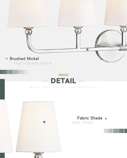 Bathroom Light Fixtures, 5 Light Brushed Nickel Vanity Lights with Flared White Fabric Shade, 35 Inch Wall Sconce, Modern Sconces Wall Lighting for Hallway Bedroom, VL837-BN-5