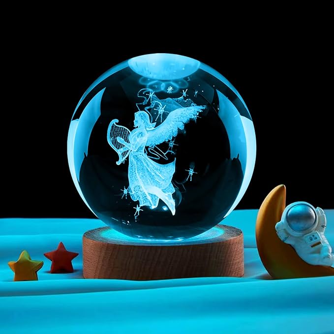 Guardian Angel Crystal Ball Lamp,16 Colors Glass Angels Figurine Ball Night Light with Wooden Base and Remote Control, Angels Gifts and Birthday Gift for Women Men Kids (Angel)