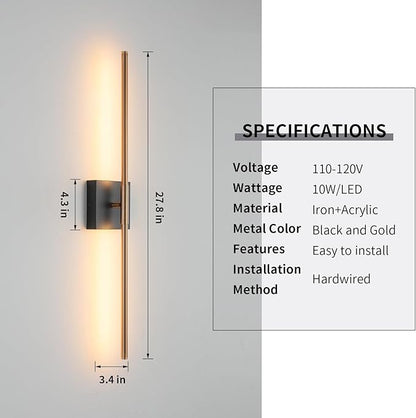 KUZZULL Modern Light Fixture Set of Two 27.8x4.3x3.4in Black and Brass Gold Sconces 1200Lm LED Wall Lights for Bathroom, Living Room, Corridor