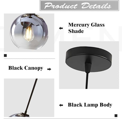 KCO Lighting Mercury Glass Pendant Light Fixtures Mid Century Modern Silver Kitchen Island Pendant Lights Ceiling Hanging Black Large Globe Pendant Light for Living Room Dining Room