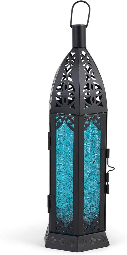 Zingz & Thingz Moroccan Style Candle Lantern Holder, Decorative Light Home Decor, Indoor & Outdoor, 13" Tall, Black with Blue Glass