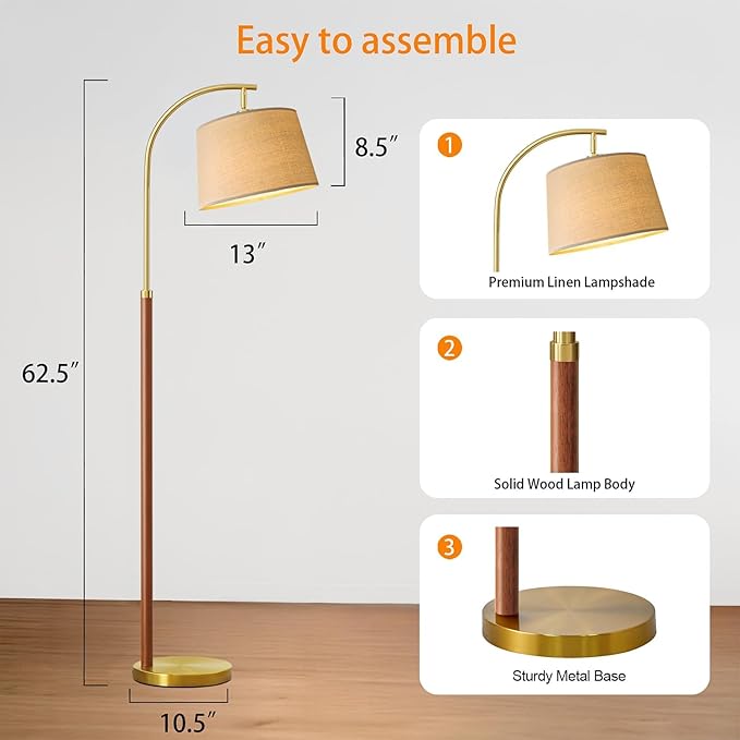G-SAFAVA Real Wood Floor Lamps for Living Room Bedroom, 62.5" Mid Century Modern Lamp Gold Standing Tall Arc Lamps with Foot Switch, Floor Lamps for Nursery Office Decor Corner Reading Room Light