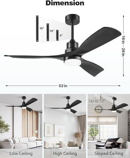 Ceiling Fan with Lights Remote Control, 52 Inch Black Ceiling Fans with 3 Downrods, 3 Blades, Timer, 6 Speed Modern Fan Quiet Reversible DC Motor for Patio Bedroom Outdoor/Indoor,52in,Black