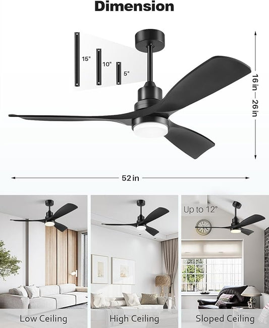 Ceiling Fan with Lights Remote Control, 52 Inch Black Ceiling Fans with 3 Downrods, 3 Blades, Timer, 6 Speed Modern Fan Quiet Reversible DC Motor for Patio Bedroom Outdoor/Indoor,52in,Black