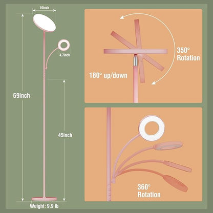 marctronic Pink Floor Lamp, 42W 4000LM Super Bright LED Room Lamp with Adjustable Reading Light,Dimmable Modern Standing Lamp with Remote & Touch Control for Room Bedroom Office Floor Light