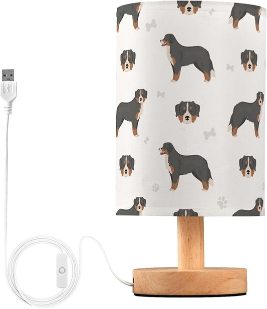 Bernese Mountain Dog Pattern Table Lamp with Wood Base Fabric Lamp Shade Bedside Nightstand Desk Lamp for Living Room Bedroom Kids Room Office