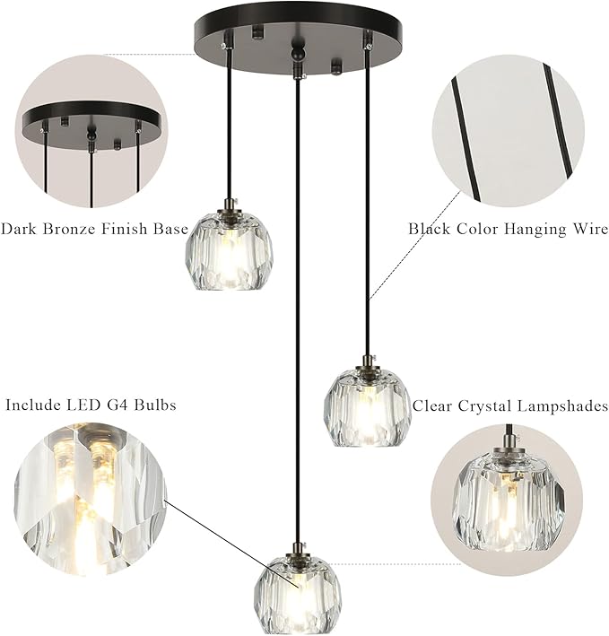 Modern Crystal Pendant Light Fixtures, Round Black LED Ceiling Hanging Lamps, Raindrop Crystal Chandelier for Bedroom, Dining Room Kitchen Island Bathroom