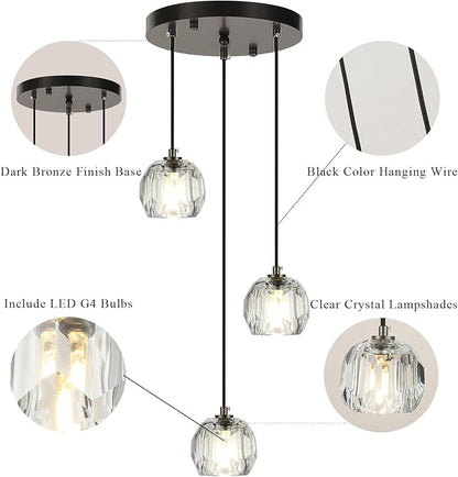 Modern Crystal Pendant Light Fixtures, Round Black LED Ceiling Hanging Lamps, Raindrop Crystal Chandelier for Bedroom, Dining Room Kitchen Island Bathroom