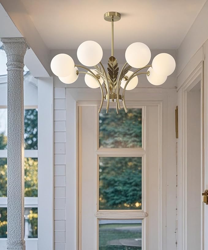 BOKT Gold Semi Flush Mount Ceiling Light Fixture 8 Ball Brass Milk Glass Sphere Sputnik Farmhouse Chandelier Hanging Kitchen Lights for Bedroom Living and Dining Room