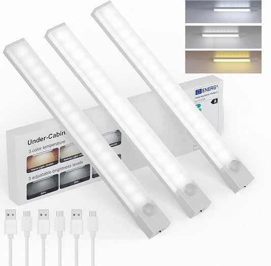 Under Cabinet Lights 8 Inch 3-Pack, Rechargeable Battery Operated Motion Sensor Light Indoor, Dimmable Closet Lights, Wireless Under Counter Lights for Kitchen, Stairs